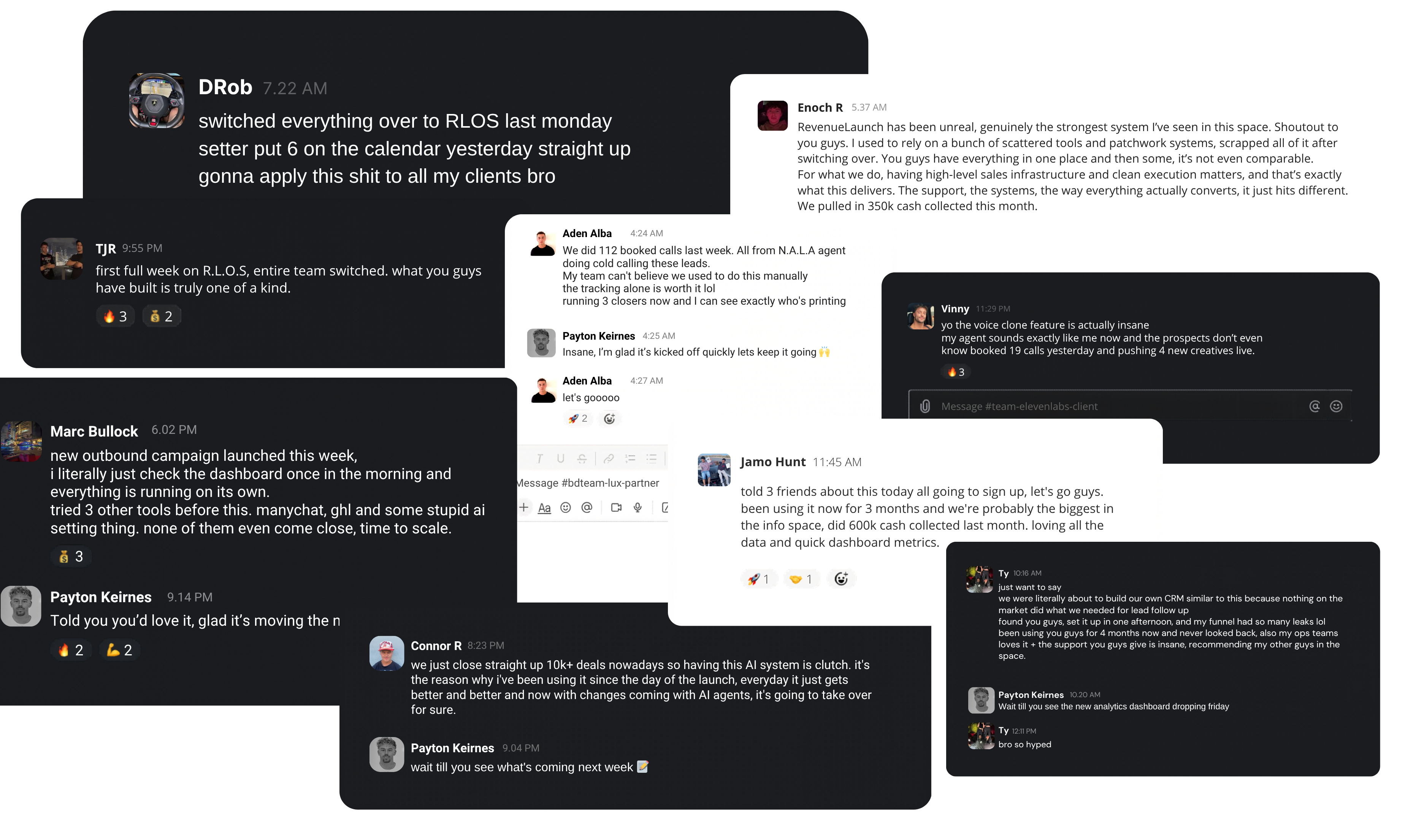 Client testimonials from founders using RevenueLaunch